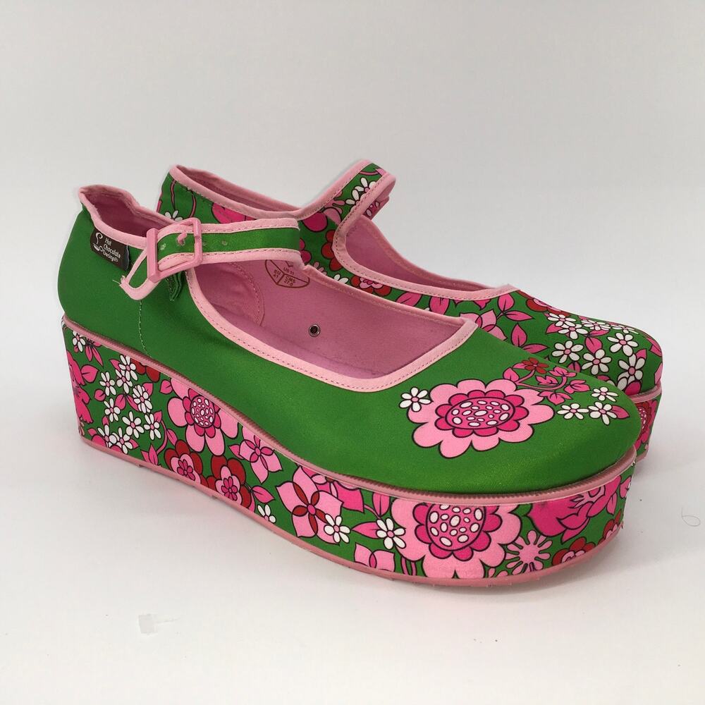 Hot Chocolate Design Pink Flowers Mary Jane Platform Shoes Green Cottagecore 11